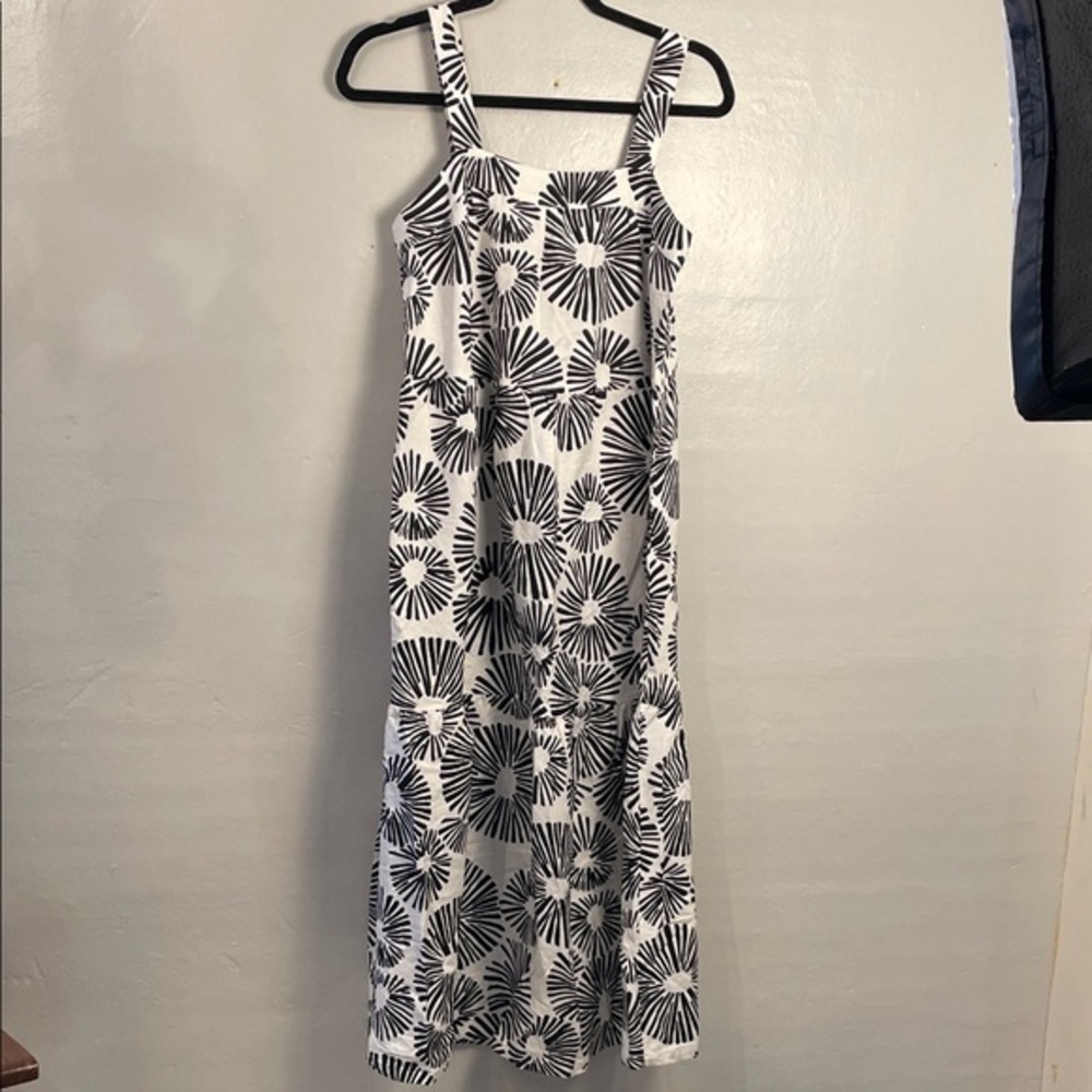 LOFT Black and White Patterned Midi Dress Size Xsmall linen blend